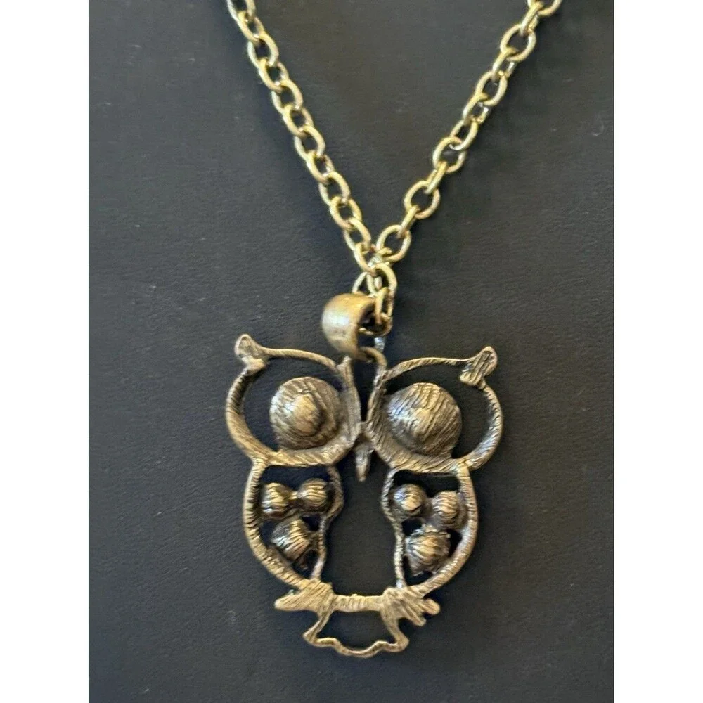 Vintage Owl Pendant Brass Toned Necklace 32